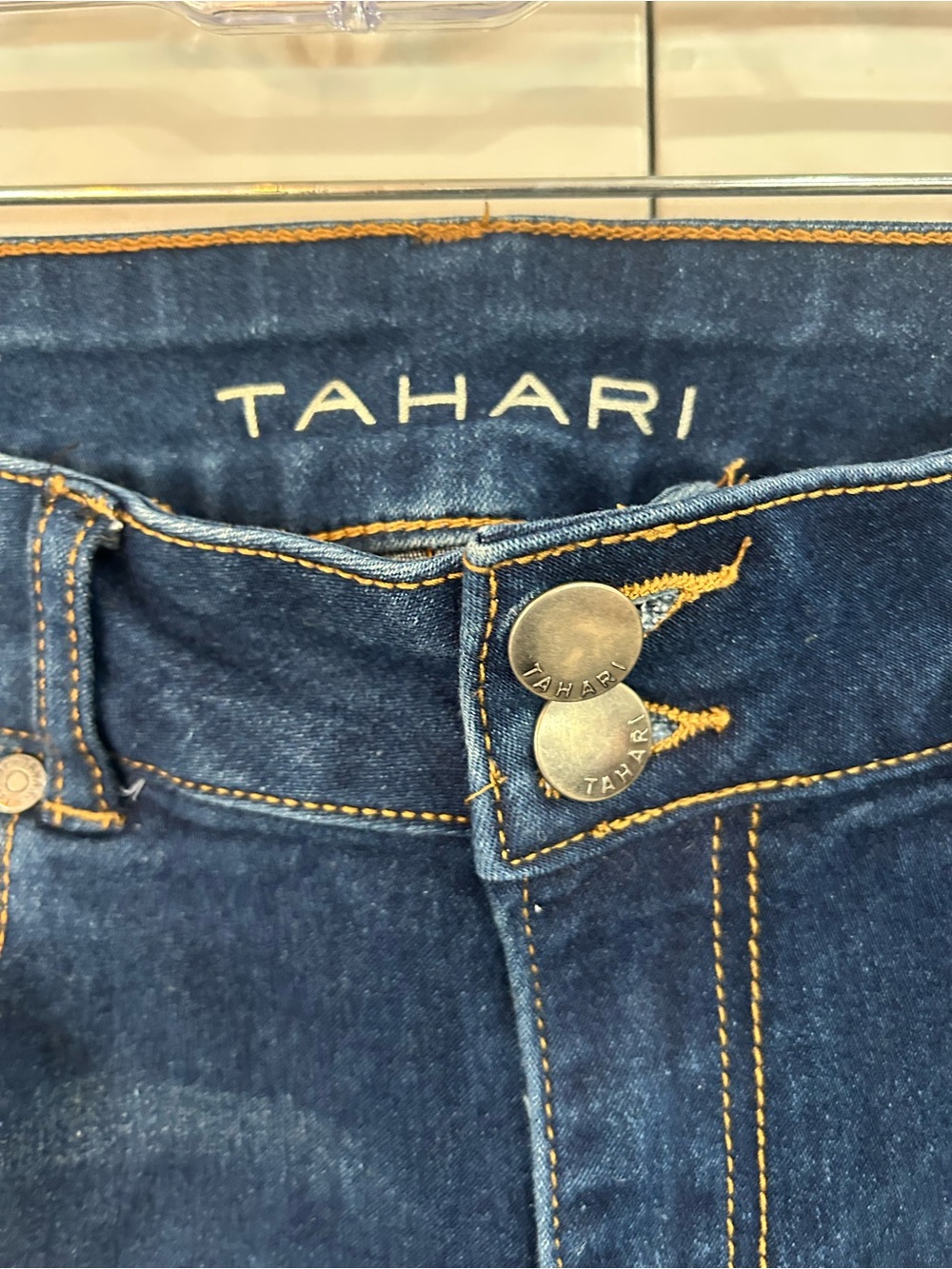 Tahari Navy Denim Jeans with Gold Stitching